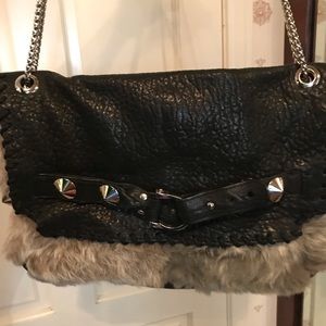 Be and D, black leather and rabbit fur shoulder bag